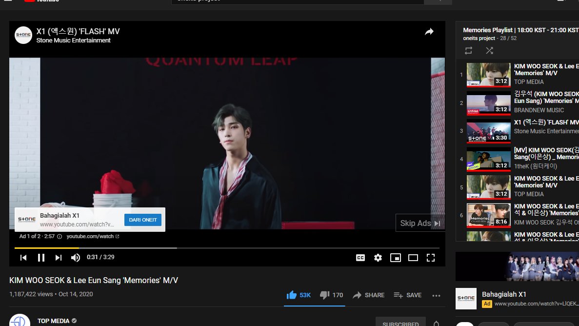 _fightingforX1's tweet photo. Finally! 😍 FLASH MV ad on Wooseok's &amp; Eunsang's Memories MV. 😍🦋 @x1official101 @KWS_official_ @LES_BNM @x1members https://t.co/CiXTyr0A3I