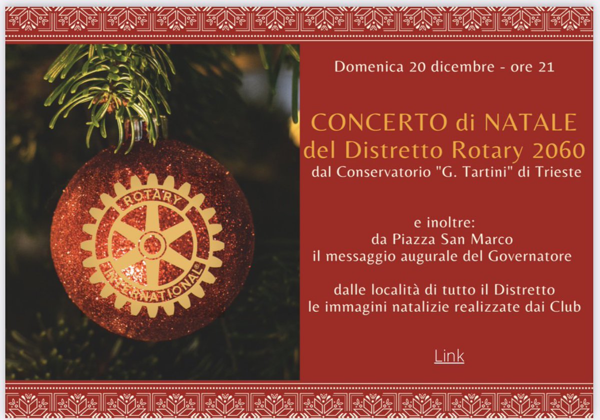 Questa sera alle 21.00 il Concerto di Auguri del Distretto #Rotary2060 Triveneto, saranno protagonisti gli allievi del Conservatorio di Musica "G. Tartini" di #Trieste 🎶🎻🎄✨
👉 Potrete seguire la diretta live sulla pagina Facebook qui: m.facebook.com/distretto2060/