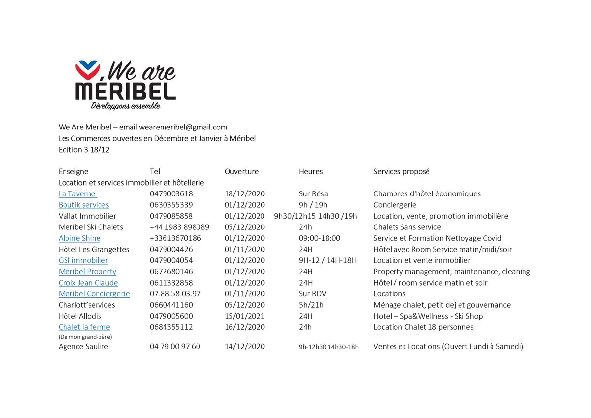 Les ouvertures de commerces de Meribel
Locations, Ventes, Epiceries, Restaurants (livraison ou à emporter), Soins, Tabacs, Traiteurs, Hébergeurs, Transports, Ecoles de Ski, Divertissements, Produits régionaux... tous qu'il faut pour un beau séjour!
Partager SVP! 1/6