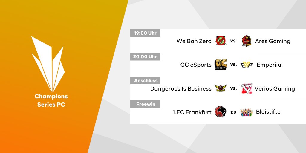 PLAYDAY! Ab 19:00 Uhr ist die R6S Champions Series [PC] wieder auf twitch.tv/germancommunit… am Start!
🏅🏅🏅
@veriosGaming <a href="/1ECFrankfurt/">1. Esport Club Frankfurt e.V.</a> <a href="/Emperiial/">Emperiial eSports e.V.🇩🇪</a> <a href="/AresGamingDE/">Ares Gaming</a> <a href="/Bleistifte1/">Bleistifte</a> <a href="/GameCatering/">GameCatering Media UG</a> @DiBGermany #webanzero
powered by @DiBGermany &amp; <a href="/r6team_platform/">r6team</a> 
#r6s #gcs #gccup #liga