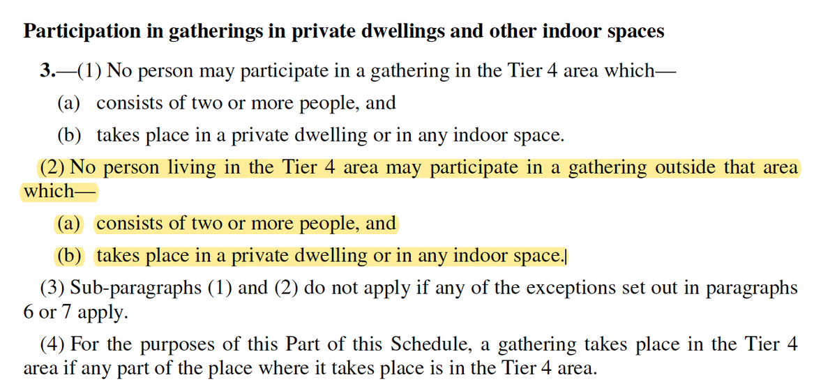 Remember this if you live in Tier 4Basically, someone who lives in Tier 4 - can't be *anywhere* in England (it would seem) without a reasonable excuse- can't participate in a gathering of 2 or more people indoors outside the area unless an exception in paras 6/7 apply
