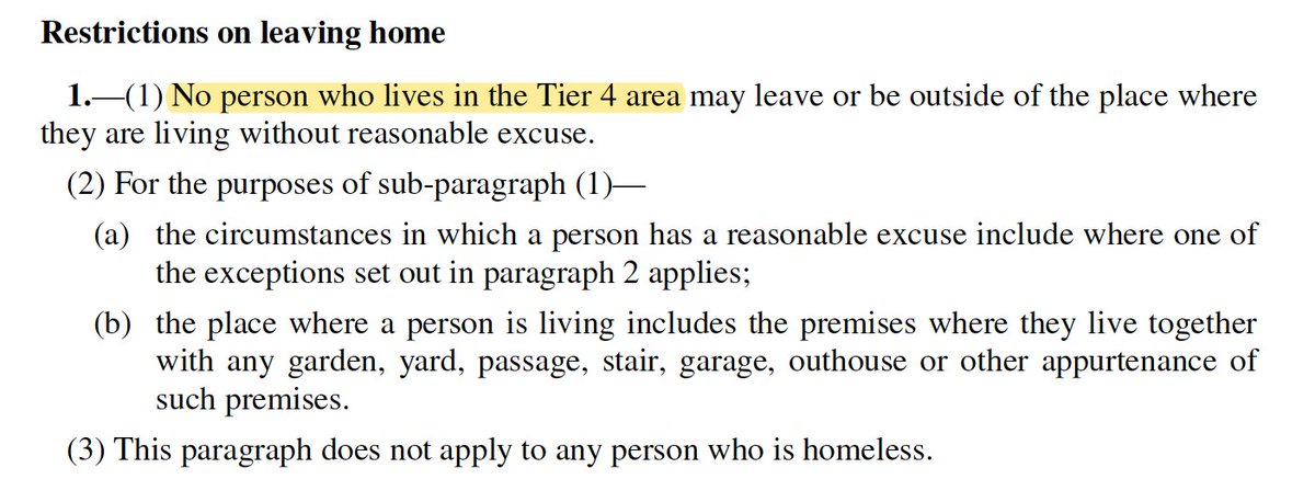 Remember this if you live in Tier 4Basically, someone who lives in Tier 4 - can't be *anywhere* in England (it would seem) without a reasonable excuse- can't participate in a gathering of 2 or more people indoors outside the area unless an exception in paras 6/7 apply