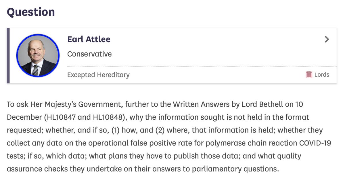 Earl Attlee isn’t inclined to let this go.“Why wasn’t it held in the form requested ?” and“What QA checks do they undertake on answers to Parliamentary Questions”Ouch.  Sounds like Earl Attlee isn’t happy. (thread) https://questions-statements.parliament.uk/written-questions/detail/2020-12-14/hl11387