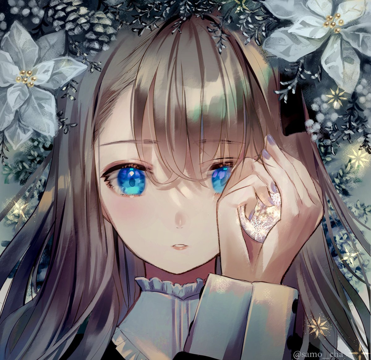1girl solo blue eyes flower long hair looking at viewer bangs  illustration images