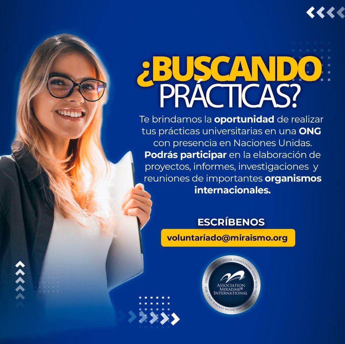#PracticasEnMiraismo 🚨🚨

Si eres estudiante universitario, hablas inglés o francés y te interesa realizar tus prácticas en una ONG con estatus consultivo con ECOSOC Naciones Unidas, participar en investigaciones, informes o en reuniones de organismos internacionales