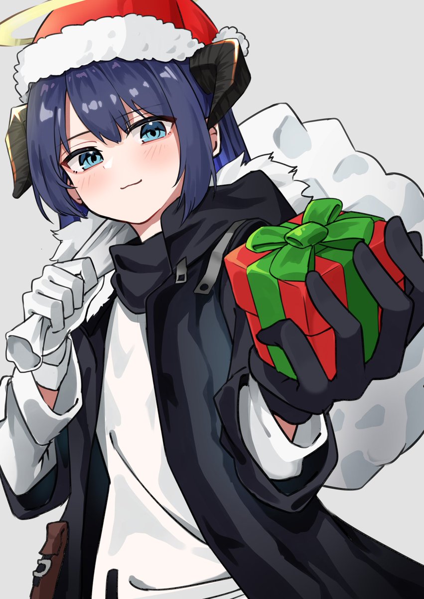 mostima (arknights) 1girl gloves horns solo santa hat gift holding  illustration images