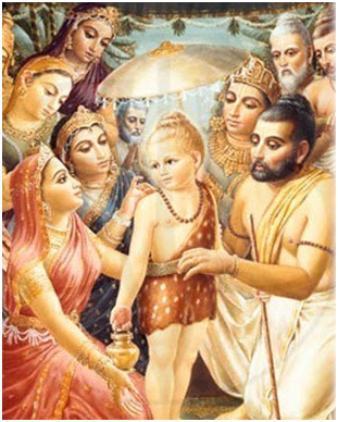 Meanwhile, Vali arranged a yajna and Vishnu came to attend the ceremony in the form of a dwarf (vamana). (In more usual accounts, such as the Bhagavata Purana, Vishnu was born as a dwarf.)