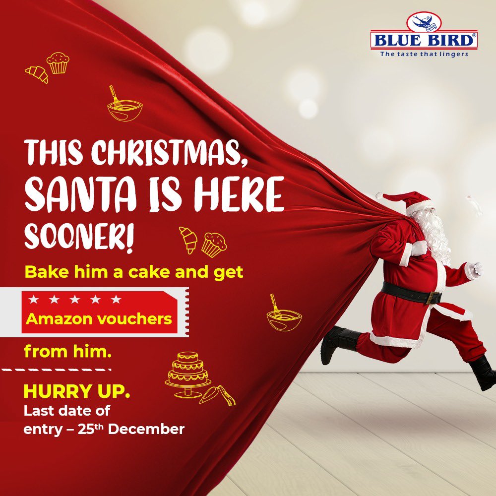BlueBirdFoodsIN's tweet photo. Santa is here and this time he wishes to binge on a cake. In return he’s got some exciting Amazon vouchers for you. So get baking and make your Christmas memorable. Top 3 cakes will be declared as winners. Go ahead and upload your fancy cake pictures on your page and tag us. https://t.co/hmjfkx3Qjy