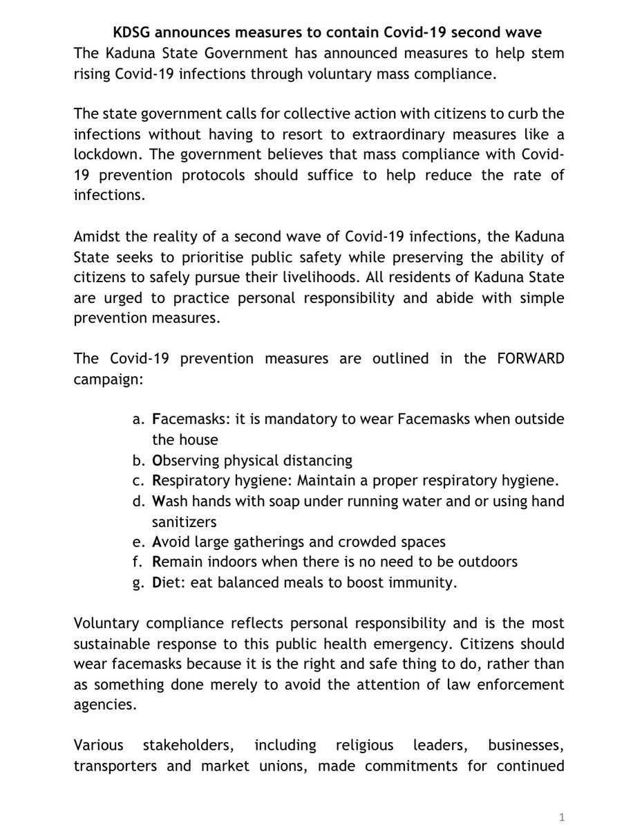 GovKaduna's tweet photo. KADUNA UPDATE: Further to Covid-19 containment measures announced last week, KDSG has directed civil servants below Grade Level 14 to work from home from Monday, 21st December 2020.

KDSG appeals to all residents to see Covid-19 prevention as a personal responsibility. https://t.co/4E1Zvs97vQ