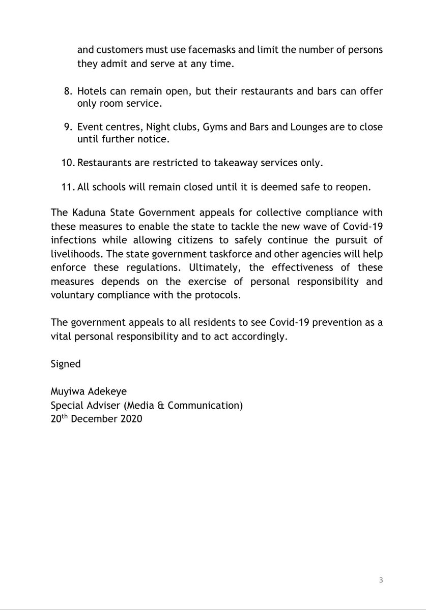 KADUNA UPDATE: Further to Covid-19 containment measures announced last week, KDSG has directed civil servants below Grade Level 14 to work from home from Monday, 21st December 2020. KDSG appeals to all residents to see Covid-19 prevention as a personal responsibility.