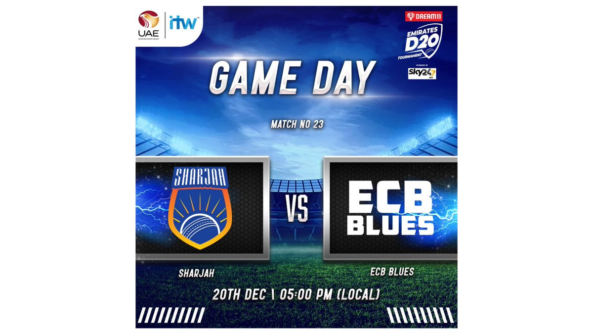 EmiratesCricket's tweet photo. Counting down the minutes to Match 23 in @Dream11 #EmiratesD20 #Sharjah v #ECBBlues @DubaiStadium.

Sharjah currently 3rd on the points table with ECB Blues sitting in 2nd. We're looking forward to this match!

#GameOn #UAECricket #UAESport https://t.co/0MN2kWBCdZ