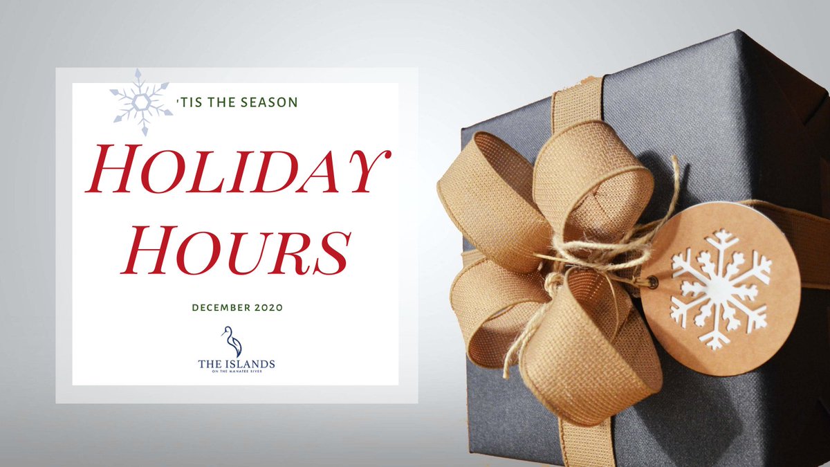 TheIslandsFL's tweet photo. Please check our opening hours over the holiday season! On Christmas Eve we're open until noon, and we'll be closed on Christmas Day. On New Year's Eve we will be open until 3 pm, and we'll be closed on New Year's Day.
#theislandsatthemanateeriver https://t.co/g8sWyokfR3