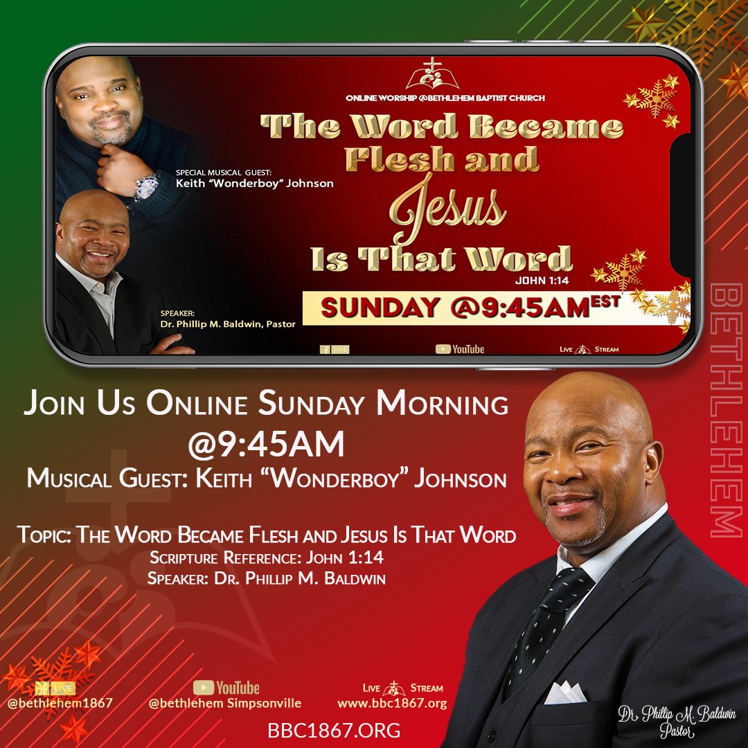 Bethlehem1867's tweet photo. Watch @Bethlehem1867 online today at 9:45am special musical guest @keithwonderboyj and our very own @PMB6463 will bring the morning message 12.20.2020 | The Word Became Flesh and Jesus Is That Word | Dr. Baldwin online at https://t.co/9sPmw9xJpE https://t.co/tGNZsB6Y95