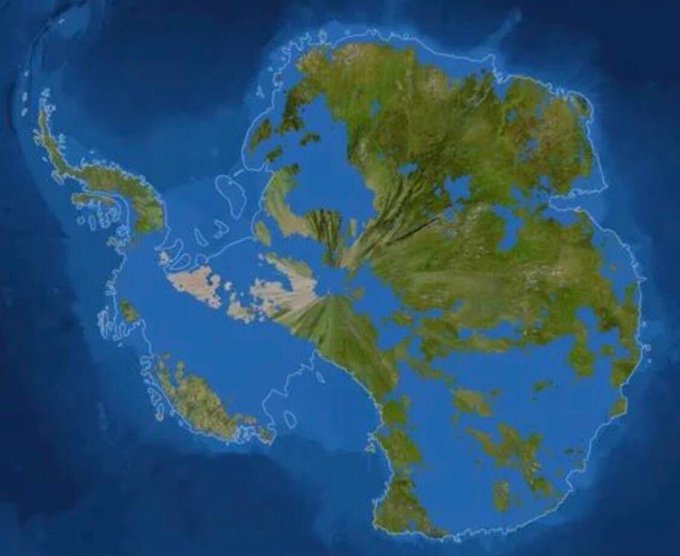 Rainmaker1973's tweet photo. It is estimated that the volume of the Antarctic ice sheet is about 25.4 million km³. The weight of the ice has caused the underlying rock to sink by between 0.5 and 1 km. This is what Antarctica would look like without its ice sheets https://t.co/7f4YKt6YYD https://t.co/6p56grC4Y2