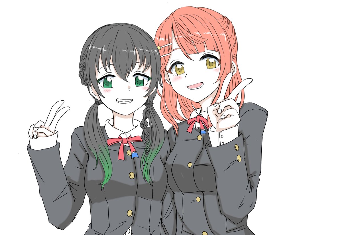 takasaki yuu ,uehara ayumu multiple girls 2girls twintails school uniform v gradient hair green eyes  illustration images