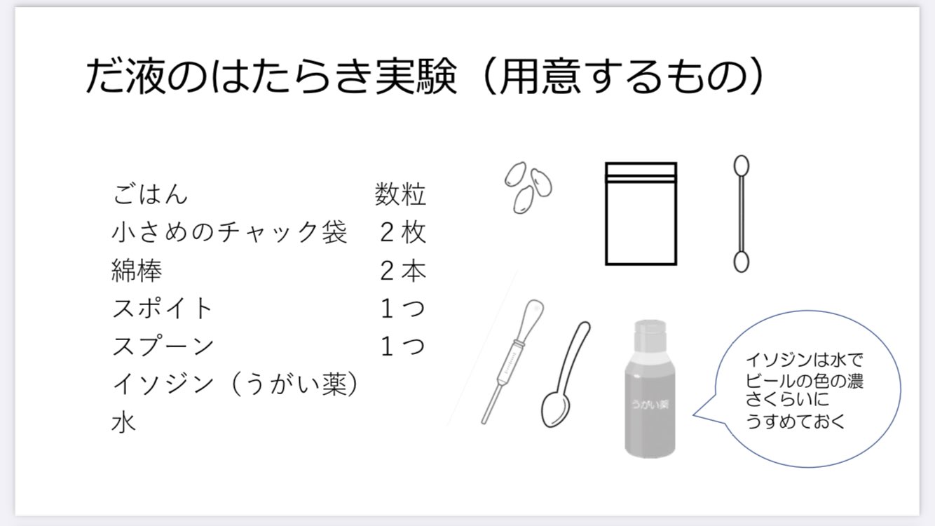 理科実験おたすけ隊 小学校で習うのは 唾液はでんぷんを 体に吸収しやすい 別の物資にかえる働きがある までですが 応用として 噛まないでエネルギーになるもの としてゼリー飲料を見せたりもします T Co Ngrfhxdzck Twitter