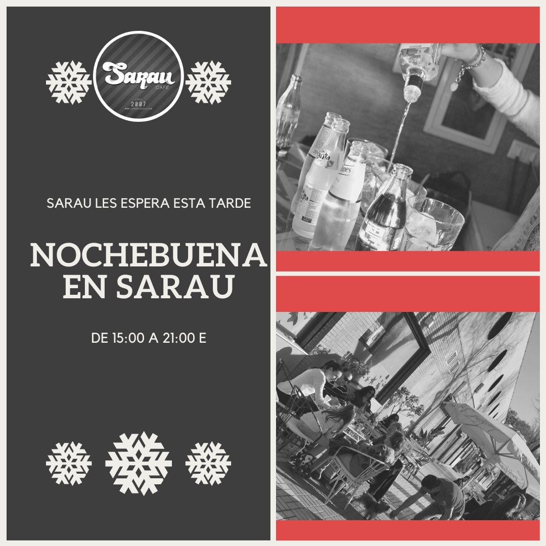 👉 Brinda la Nochebuena en SARAU👈

🔝 Te esperamos de 15:00 a 21:00 horas.

Les esperamos en 📍 c/ Demófilo, Sevilla Este.
También disponibles vía ☎️📲.