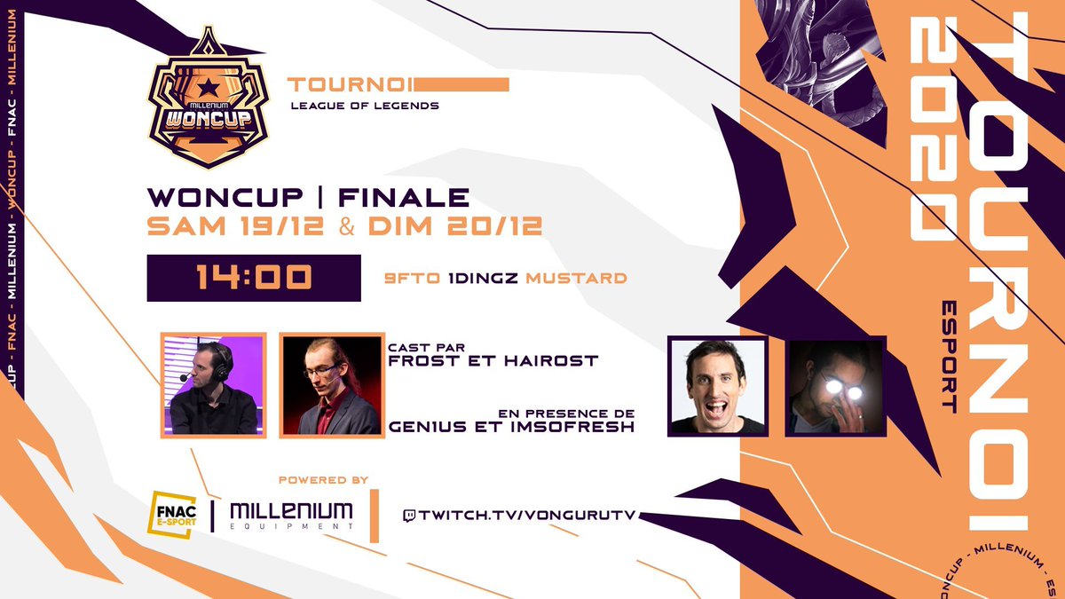 Fnac's tweet image. #FnacEsport 🎮 | Suivez en direct à 14H la finale de la #WoncupOnlineLoL avec @MilleniumEQT 👉 fcld.ly/nne8rk2
Casters : @FrostShaD0w @Hairost
Guests : @ImSoFresh_K @NormanGenius