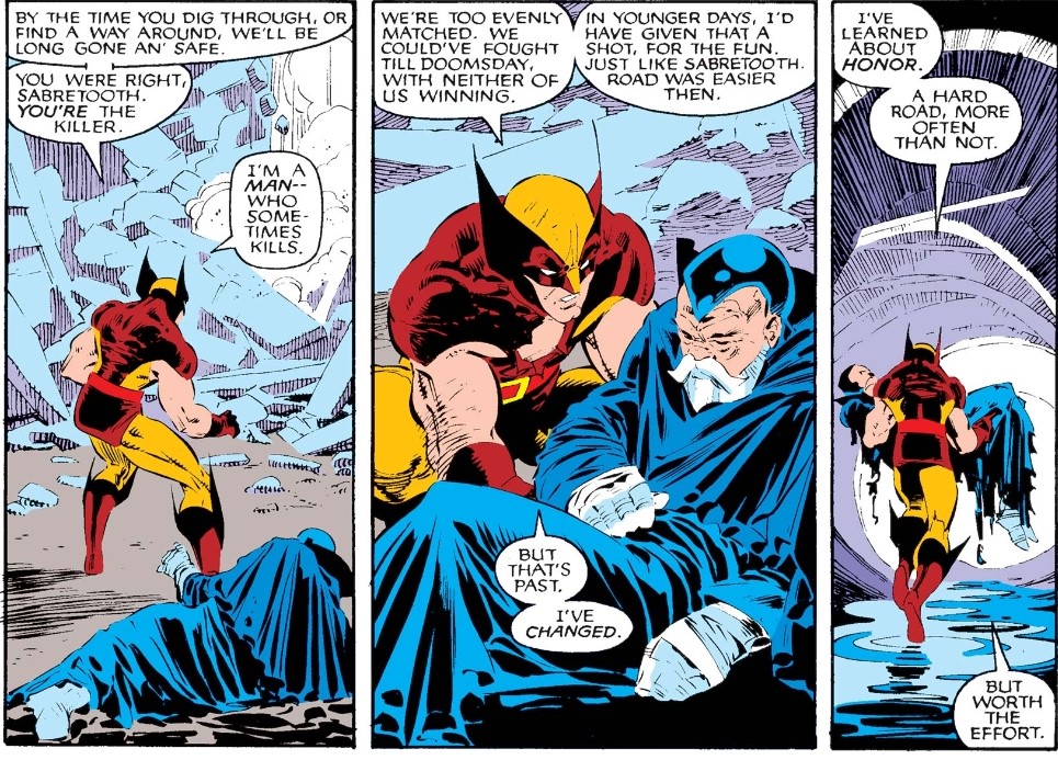 Thus, when Wolverine acts rationally in his first on-panel encounter with Sabretooth, collapsing the tunnel to deny the fight and save Healer, Logan is defeating his nemesis in both the literal and ideological sense - beating both Creed and Logan's own internal temptations. 7/9