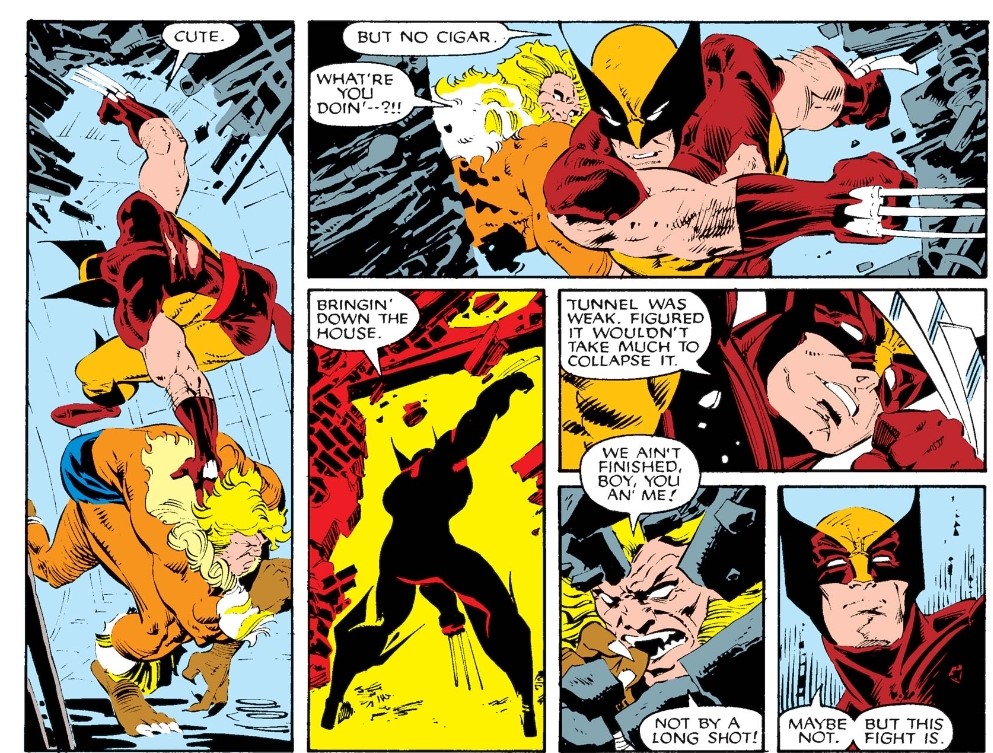 Most directly, Wolverine’s encounters with Sabretooth consistently involve drawing Logan into the primitive side (something Sabretooth seems to relish). Just as the Joker longs to drive Batman to insanity, Sabretooth seeks to turn Logan, and sometimes succeeds. 6/9