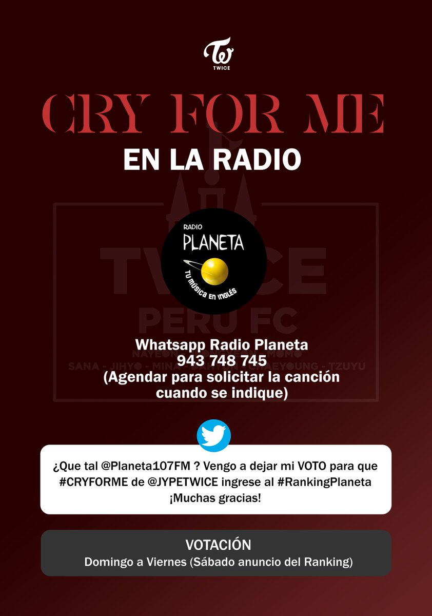 TwicePeruFC's tweet photo. [TWICE EN LA RADIO]
¡Hola ONCES! 
Oficialmente anunciamos el proyecto para promocionar CRY FOR ME en radios peruanas!🎉
Esperamos contar con su apoyo para que se haga realidad 😄
Estos serian las radios a las que nos dirigiremos y los horarios de twitteadas masivas:

@JYPETWICE https://t.co/1GN6hUG733