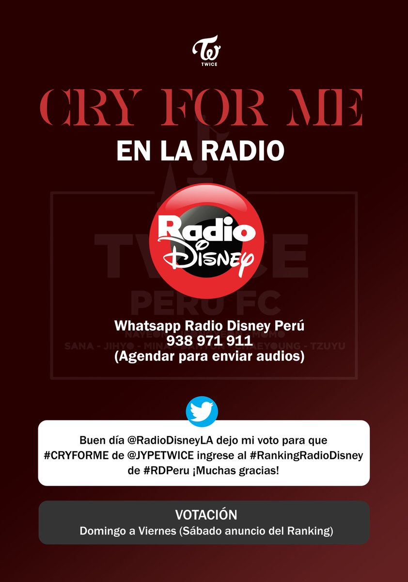TwicePeruFC's tweet photo. [TWICE EN LA RADIO]
¡Hola ONCES! 
Oficialmente anunciamos el proyecto para promocionar CRY FOR ME en radios peruanas!🎉
Esperamos contar con su apoyo para que se haga realidad 😄
Estos serian las radios a las que nos dirigiremos y los horarios de twitteadas masivas:

@JYPETWICE https://t.co/1GN6hUG733