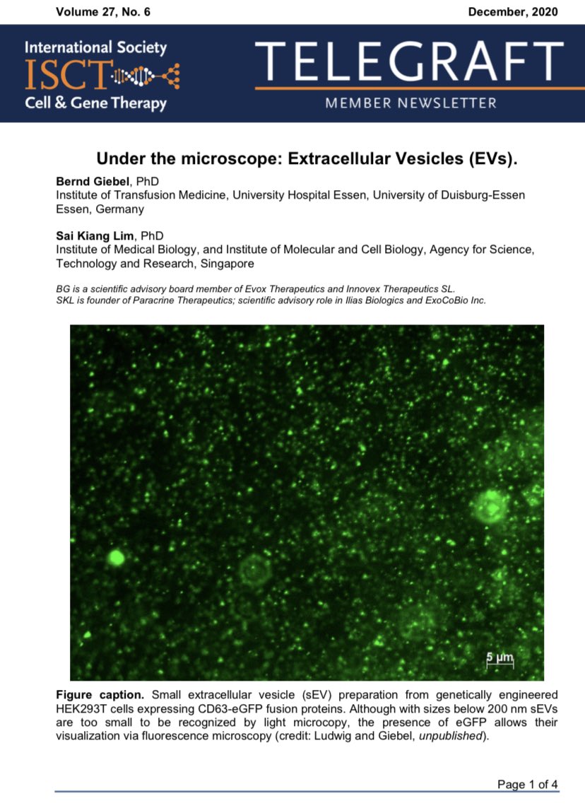 xinoxan's tweet photo. Don’t miss out the #inaugural #article of “Under the microscope” on #extracellular #vesicles in the December issue of @ISCTglobal #Telegraft by Drs. Giebel&amp;Kiang Lim from the #exosome #committee https://t.co/JcdCUCUoRU https://t.co/Zgz72yAT0R