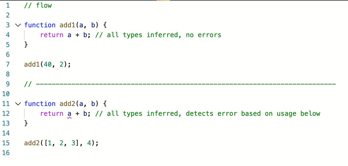 (not) Inferable - There are times where TypeScript still requires explicit type annotation, when other languages like  @flowtype will still perform inference. https://www.typescriptlang.org/play?noImplicitAny=false#code/PTAEDsHsEkFsAcA2BLAxsgLgQXATwLwBmAhogM4CmAsAFC0igAKxATsbBRhS6AOTG9QxcABM+AI0HIEKdBkS5QAC2IA3CqAxKN-PIIy54FAHS1CAV3CoMySOCEiRARgAUxADShxASlABvWlAg0BZOcxZ7YlAAai8AbloAX1paYkdXABYABk8AJm8EmjTnFwBtJzzPAGYAXU8MgtAGKFBuFkgeEU4KawoRFJoGAFoR0bHxicmp6ZnZmYGLKxs7BxFctwAuCHNYcW5PcS3wHb2WXwCaYJCwiKEY+KSB4vXsvILUx3XyytBa+saGABRFjtFgAQlAWBYAHMdhRwBhQJBCJpDDpjrtuKUalIyBBIIjiGQyMhoeBiOJEBoMJBQPBWOxujxkaijHwMadeLQgA https://flow.org/try/#0FAMwrgdgxgLglgewgAgIYBN0EYAUqA0yARgJTIDewy1yATgKYxi0qrIDUxA3MgPS9oANoOQwAngAd6AZ2RwIIerQbpCEBMiW0EtacAC+wYBmw4ALAAZCAJhJcj-ZAFoXrt+4+ev3n759HwaHgkNExrPEJSCioaBiYWNA5uPgFUYVFJGTkFLXpVZHRGelhZLR1iVGk85BCwaVQAc3piekEEAHcDIxNwgG0sG0IAZgBdQjM7IyA