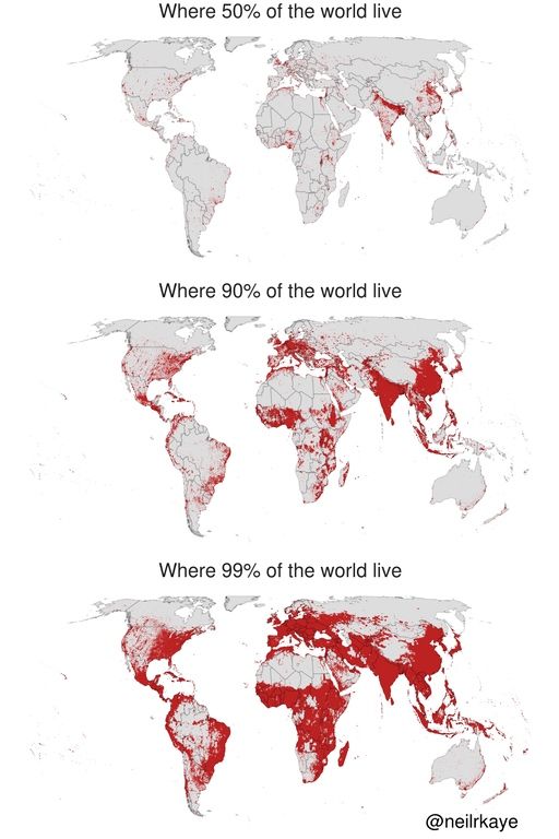 simongerman600's tweet photo. Map shows the smallest area where 50%, 90% and 99% of the world live. Nice twist on the standard population density maps. Source: https://t.co/WoPGrrcnCO https://t.co/Qk6C8ReesR