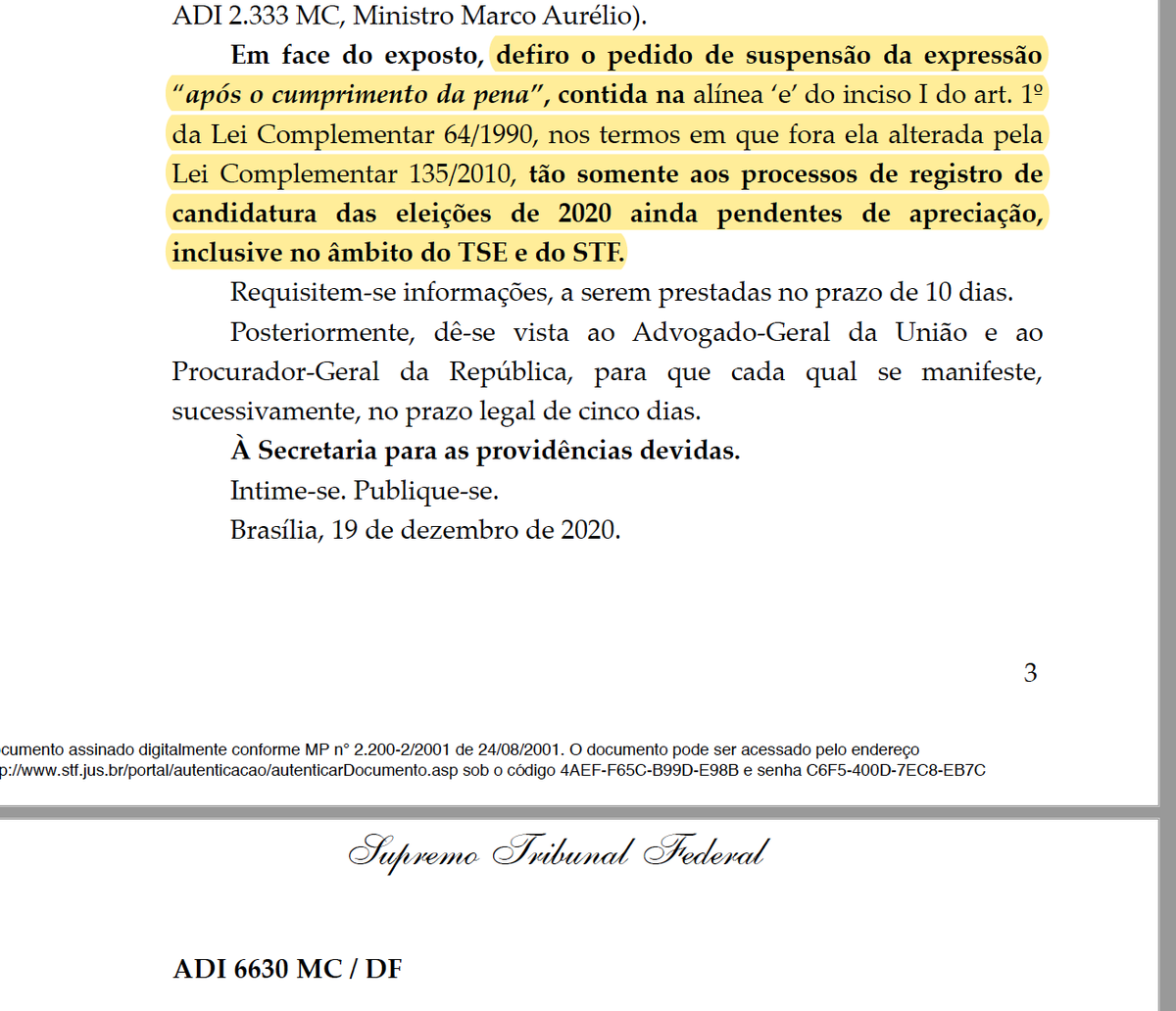 ProfMedina's tweet photo. Liminar do Min. Nunes Marques suspende trecho da "Lei de Ficha Limpa". 

Discussão interessante. Referido dispositivo foi apreciado e considerado constitucional pelo STF no julgamento da ADC 30. 

A petição inicial da ADC 30 está neste link: https://t.co/byW3KRhIbn 

+ https://t.co/1uBA6DQ6os