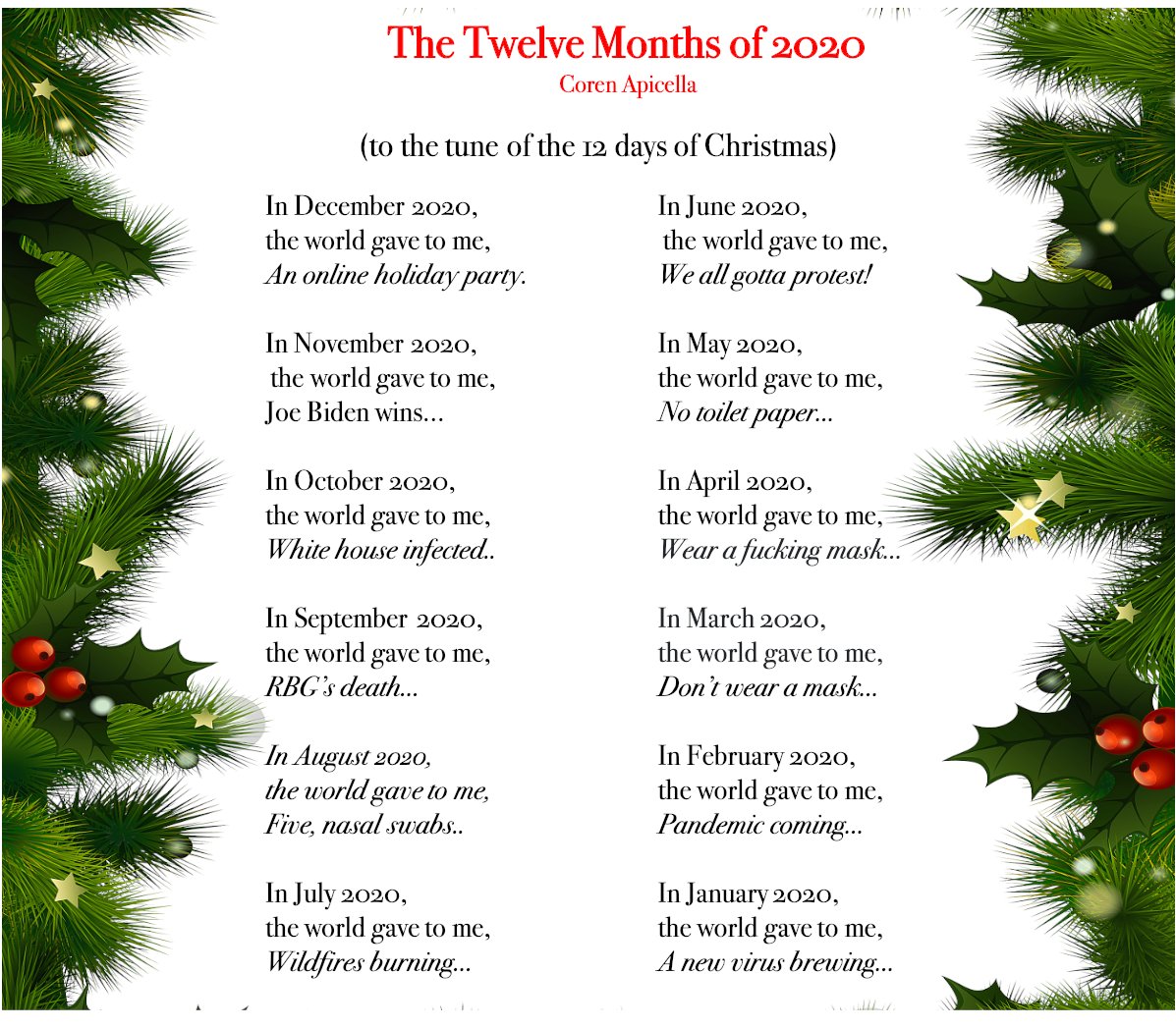 I wrote this holiday song 'The 12 Months of 2020' to commemorate this year. It can be sung at your next online or outdoor holiday party. Thanks to my friends and colleagues who indulged me by singing it. #12monthsof2020 #12daysofchristmas #holidaysongs