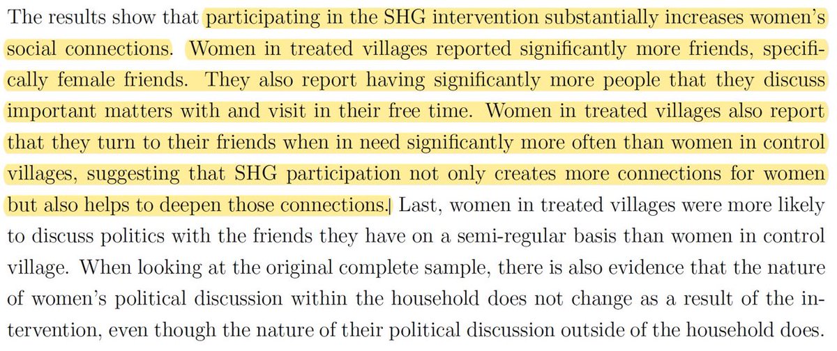 So how exactly do SHGs raise women’s political engagement?They don’t really change gender beliefs, or increase economic autonomy, nor is there a big increase in women’s decision-makingThe BIG difference is broader & stronger female friendships!