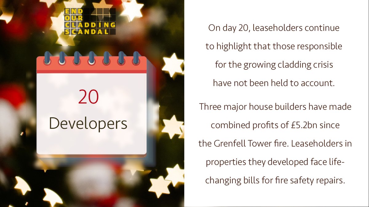 EOCS_Official's tweet photo. Today's #Cladvent focuses on big developers who certainly won't be going hungry this #Xmas.
#Bellway @Barrattplc @TaylorWimpeyplc made £5.2bn in profit in the last 3 years.
Whilst leaseholders in their poorly constructed homes face life-changing bills.
#EndOurCladdingScandal https://t.co/UAmLDRRFIr