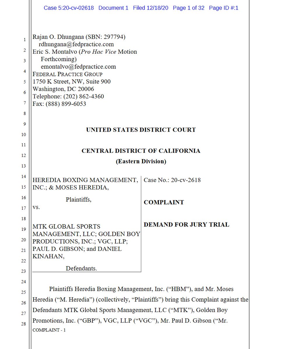 1/case 5:2020cv02618US District Court for the Central District of CaliforniaHeredia Boxing Management vs  @mtkglobal, Daniel Kinahan &  @PaulieDGibsonRacketeering Influenced and Corrupt Organization (RICO) Act[filed 12/18/2020 - 32 pages] #boxing  #boxeo  #MTKGlobal