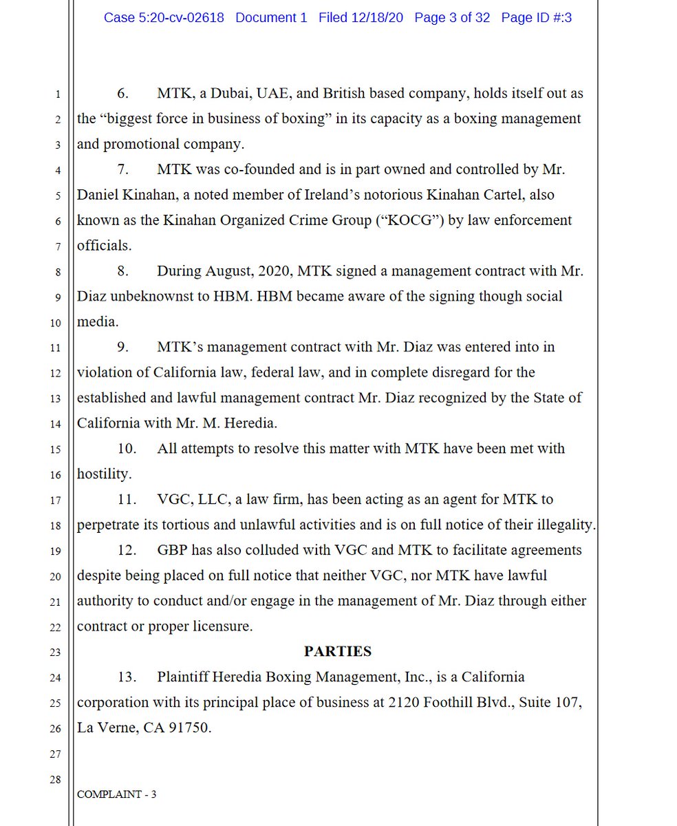 1/case 5:2020cv02618US District Court for the Central District of CaliforniaHeredia Boxing Management vs  @mtkglobal, Daniel Kinahan &  @PaulieDGibsonRacketeering Influenced and Corrupt Organization (RICO) Act[filed 12/18/2020 - 32 pages] #boxing  #boxeo  #MTKGlobal