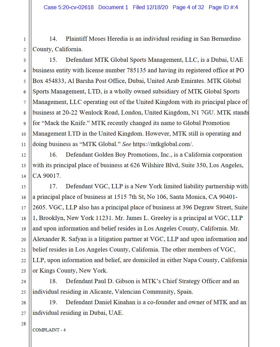 1/case 5:2020cv02618US District Court for the Central District of CaliforniaHeredia Boxing Management vs  @mtkglobal, Daniel Kinahan &  @PaulieDGibsonRacketeering Influenced and Corrupt Organization (RICO) Act[filed 12/18/2020 - 32 pages] #boxing  #boxeo  #MTKGlobal
