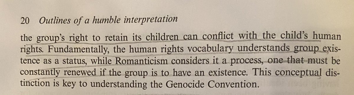 This is very much the point, the individualist assumptions underpinning human rights, talk about “saving a child” “children’s services” but securing this *right* for one child ignores the group’s right to retain its children and is at odds with the Geneva Convention