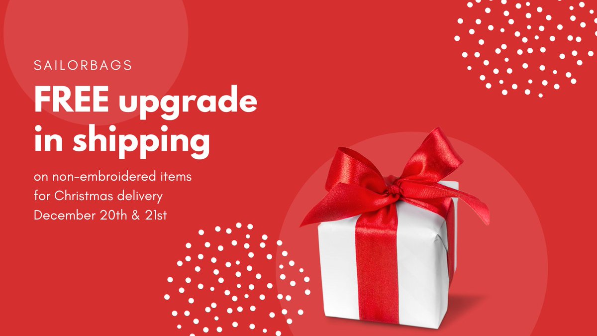 Last minute shopping? Then shop with us now and tomorrow and get FREE upgrade in shipping on non-embroidered items. Order now and get them in time for Christmas delivery.

NO CODE NEEDED