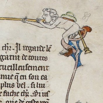 This is a WEIRD one, bc it already has so much going on, so why add a trumpet??Right is the original.(BL, MS Royal 14 E III, f. 89)