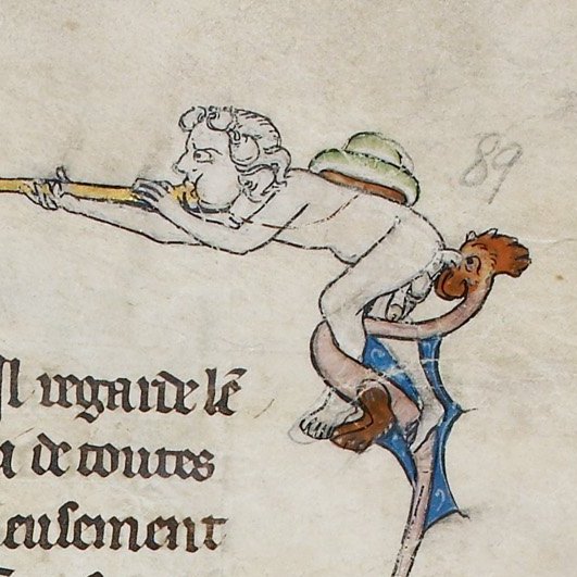 This is a WEIRD one, bc it already has so much going on, so why add a trumpet??Right is the original.(BL, MS Royal 14 E III, f. 89)