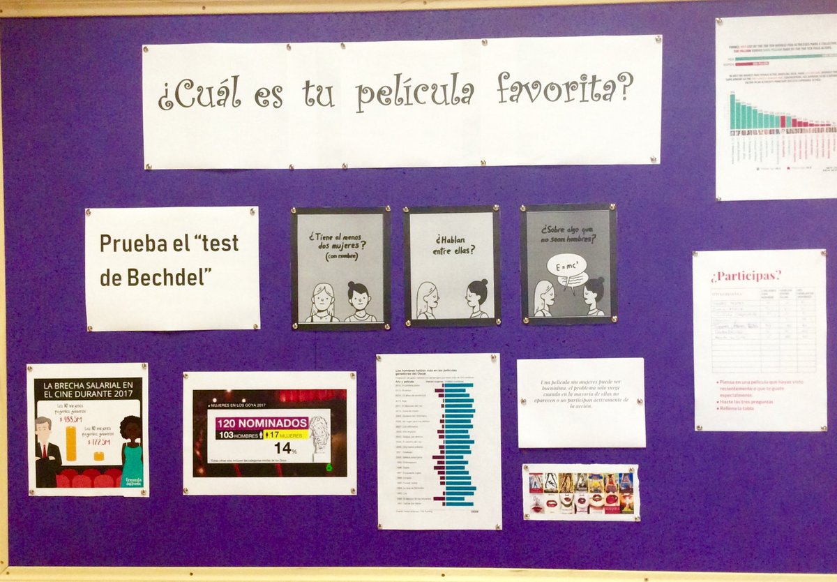 Este fue nuestro primer tablón morado en la sala del profesorado del #iesbielloaragon.  Reflexionamos sobre el papel de las #mujeres en el mundo del cine y lo hicimos a través el "Test de Bechdel". ¿Te animas a plantearlo en tu centro?