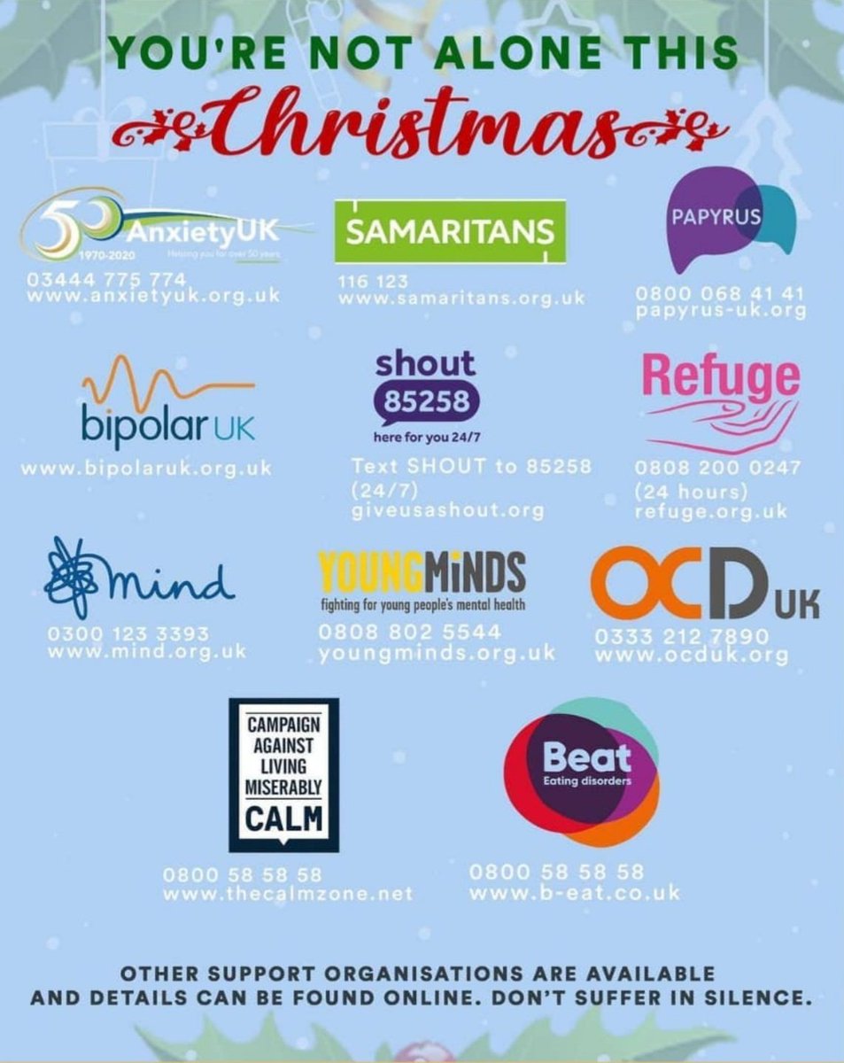 Although it may feel it, you are not alone this Christmas, Help, support and guidance are only ever a phone call or click away. 💙💚💙 #anxietyuk #Samaritans #Papyrus #bipolaruk #Shout #refugee #mind #youngminds #ocduk #CALM