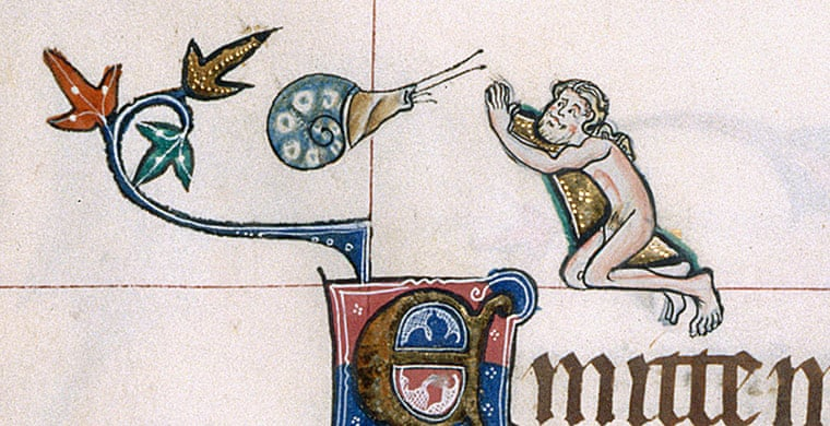 The trumpet here is so BLATENTLY not part of the original image. The right (which I *think* is from the The Gorleston Psalter) is the original, with no trumpet. I need to track down the exact folio.
