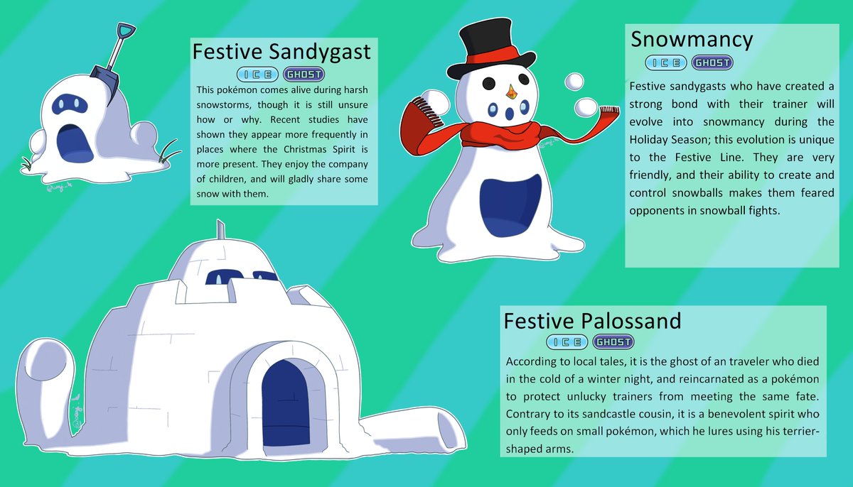 aegi_k's tweet photo. Here's my entry to the @Subjectively_5's Festive challenge! 

I had a lot of fun drawing these snow boys, and I will definitely participate again!

#Fakemon #pokemonart #Pokemon #Christmas #Fanart https://t.co/VdnAaWI8z9