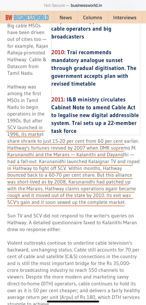 SCV (Sun Network’s Cable company) was launched in 1996, before the end of 2001 SCV had already captured 80% market share and pushing Hathway to just 20%. Before leaving office in 2006, AIADMK tried regulating cable network but wasn’t successful. (4/n)
