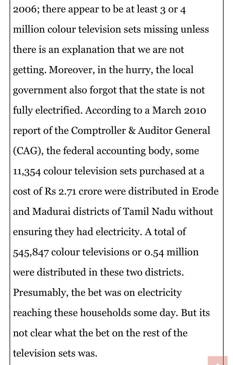 DMK fulfilled their Poll promise of Free television Costing the exchequer ₹3687 Cr. TVs were even distributed to households which hasn’t received electricity. Anyways TV is not a commodity which has a shelf life. So it is still fine to burn ₹2.5 Crores in this process. (3/n)