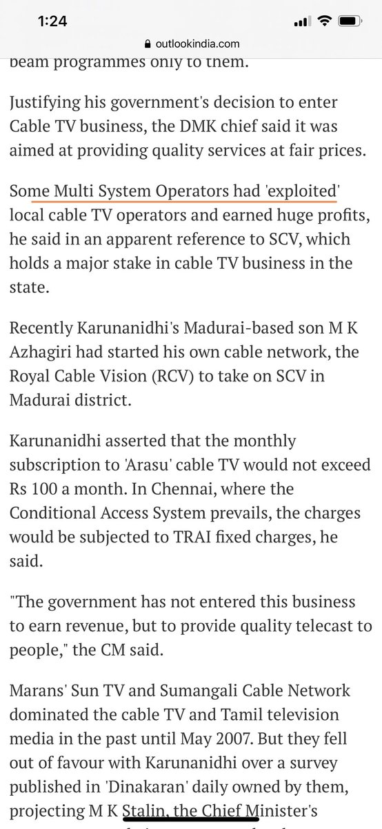 Karunanidhi & the Marans had a fall out during this period. Karunanidhi even went out to say “some Multi system operators are exploiting the local cable operators” and started the Arasu cable TV to teach the Marans a lesson. (6/n)