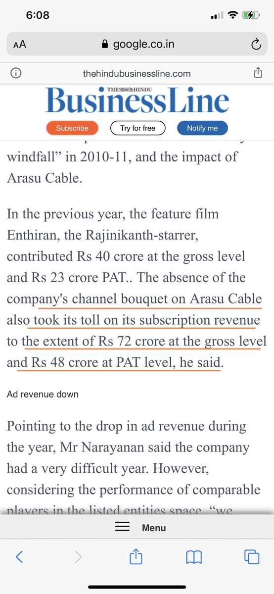 Even before the steam due to the feud could settle the family patched up putting the Arasu cable project in the bunker. Hathway which sprung back due to this feud Said bye to TN market in 2010 after suffering huge losses. SCV suffered losses during the period of family feud (7/n)