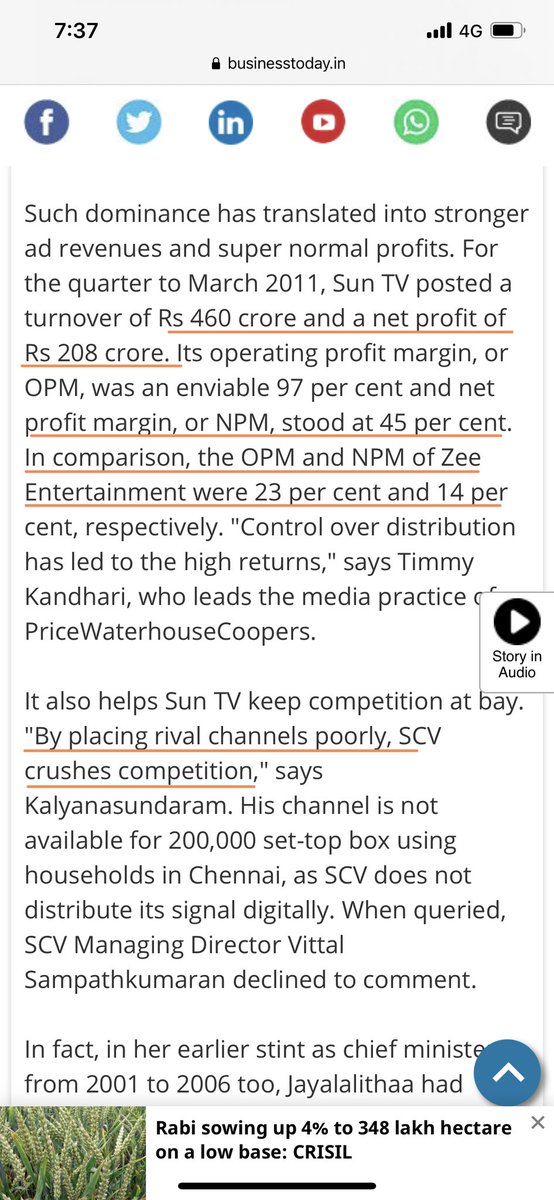 Net Profit Margin of Sun TV stood at 45% unlike that of their industry competitor which was between 14 to 20%. Increase in subscribers (Virtue of the free television) contributed to this abnormal rise. (9/n)