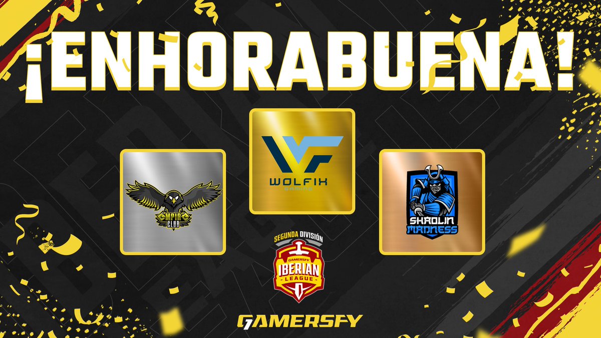 ¡𝗘𝗡𝗛𝗢𝗥𝗔𝗕𝗨𝗘𝗡𝗔!

Estos han sido los equipos que con trabajo y dedicación han conseguido entrar en el Top 3 de Iberian League #SegundaDivisión 🎯

🥇 <a href="/WolfixGaming/">Wolfix Gaming</a>
🥈 @EmpiReClubeu
🥉 <a href="/ShaolinMadness/">Shaolin Madness</a>